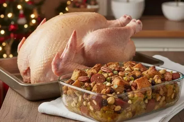 Relleno Festivo de Pavo: Delicia Rápida con Salchichas y Frutos Secos