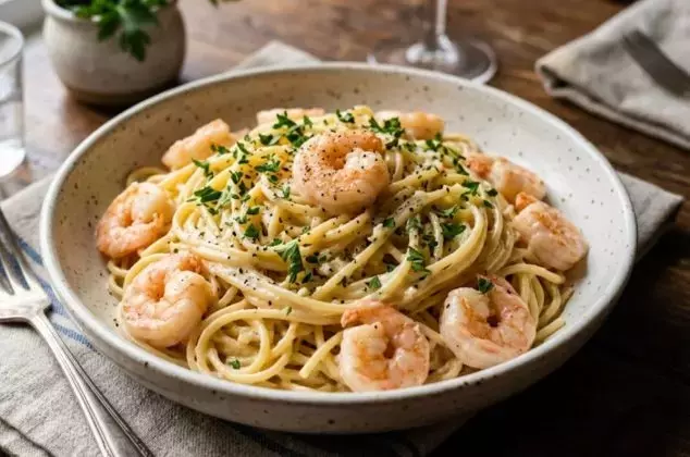Exquisita Pasta con Camarones en Crema de Queso: Una Receta Rápida para Deleitar el Paladar